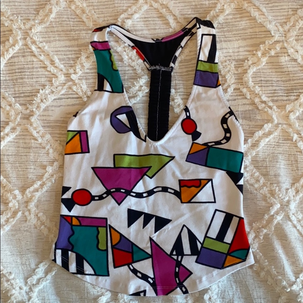 Razorback tank top with colorful shapes